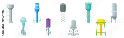 Tall Water Tower with Metal Tank for Liquid Storage Vector Set