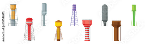 Tall Water Tower with Metal Tank for Liquid Storage Vector Set