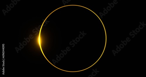 Round frame with glowing gold beam. Golden circle illuminated by 3d render golden luminous line moving along perimeter for design of effective advertising and electric led shows photo