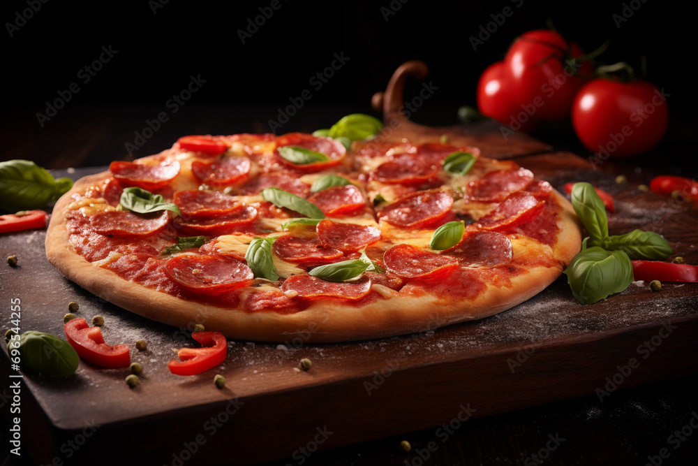sliced Pepperoni Pizza with Mozzarella cheese, salami, Tomatoes, pepper, Spices and Fresh Basil, Generative AI