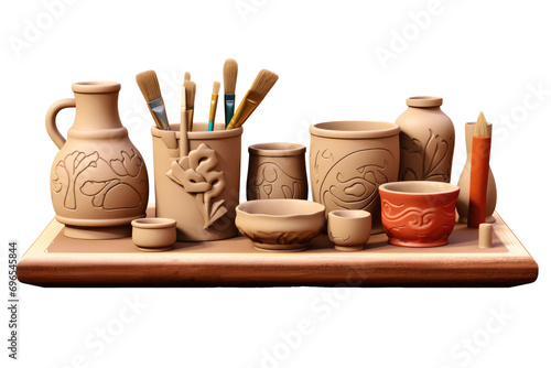 Collection of Pottery Clay Sculpting Set on Tray isolated on white or transparent background