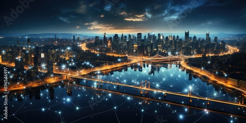 the modern, creative communication, and internet network connecting seamlessly in a smart city. 