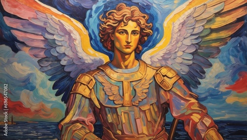 Painting of Christian angel with armor and colorful wings