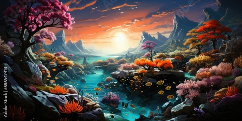 The vibrant colors of the clownfish and the gentle glow create a captivating and enchanting marine tableau. photo