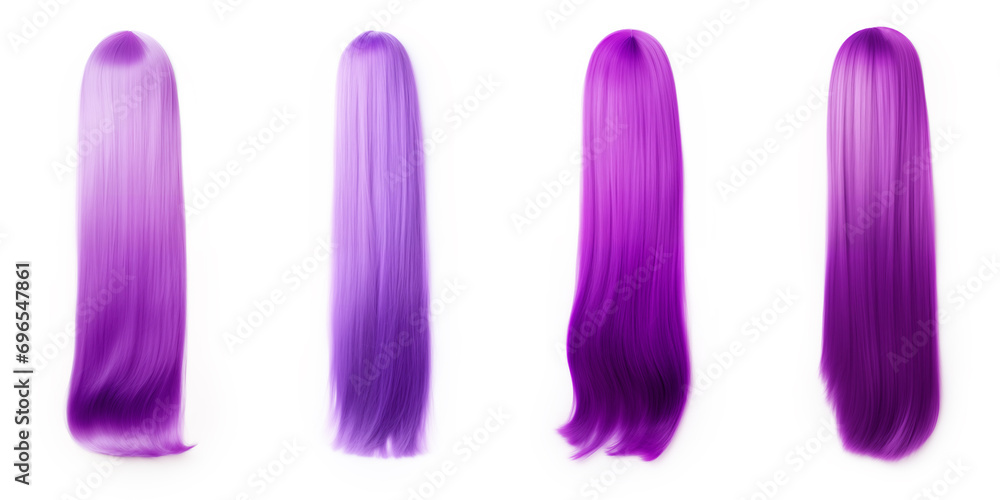 Purple hair set isolated on a white background - various styles, lengths, shades. Glamour woman hair - lilac hair color - magenta hair Purple hair set isolated on a white background - various styles, lengths, shades. Glamour woman hair - lilac hair color - magenta hair