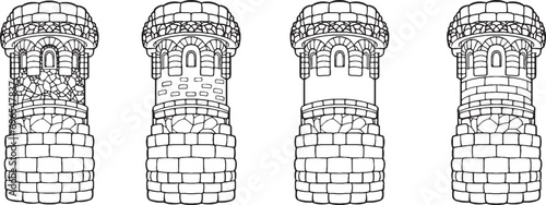 Set Fairy Tale Castle Outline Illustrations drawn black  tower linear freehand drawing clipart for coloring. Cartoon old high brick building, children's fairy tale princess house guarded by dragon  