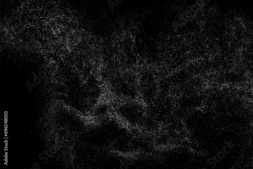 Distressed grunge texture. Abstract white pattern on black background. Od paper overlay. Grain noise. Splash realistic effect. Vector illustration. 