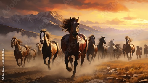 A captivating illustration portraying a herd of wild horses in a vast and untamed landscape, digitally crafted to convey the untethered freedom and untamed beauty of these magnificent creatures © Muhammad