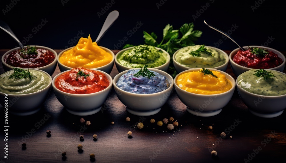 A Variety of Dips in Colorful Bowls - obrazy, fototapety, plakaty 