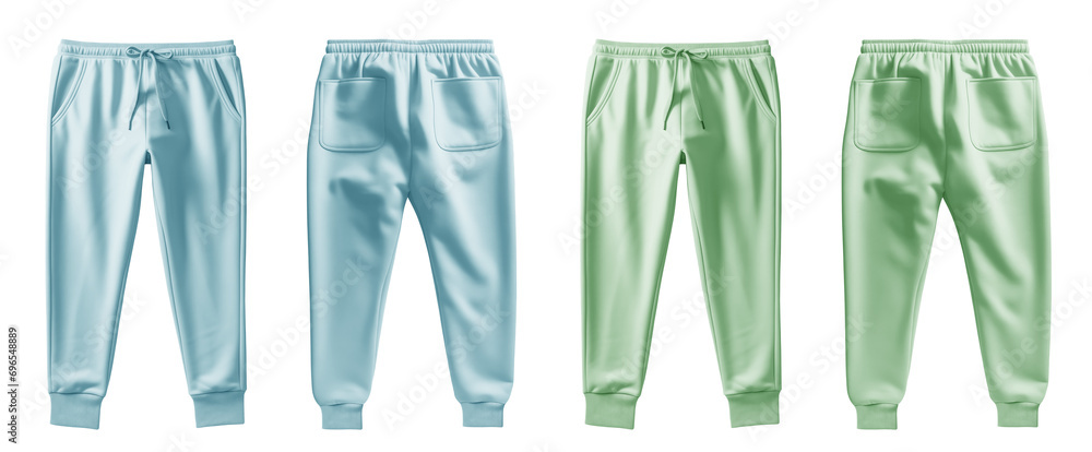 2 Set of pastel green turquoise blue, front back view sweatpants jogger sports trousers bottom pants on transparent background, PNG file. Mockup template for artwork design - obrazy, fototapety, plakaty 
