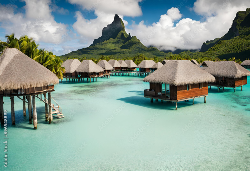 A peaceful and tranquil lagoon with crystal-clear waters and overwater bungalows dotting the shoreline