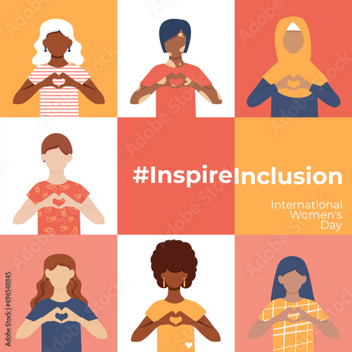 #InspireInclusion. Banner International Women's Day. Women of different ethnicities together. March 8. Faceless vector illustration.