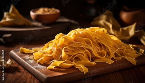 A Simple Wooden Cutting Board with a Variety of Pasta Dishes