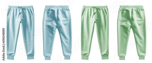 2 Set of pastel green turquoise blue, front back view sweatpants jogger sports trousers bottom pants on transparent background, PNG file. Mockup template for artwork design photo