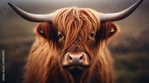An endearing and close-up image featuring a Highland cow with distinctive horns, showcasing the unique charm and rugged beauty of this iconic breed.