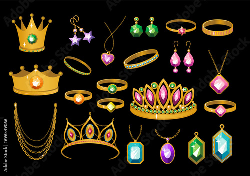 Big set of jewelry made of gold and stones crown ring earrings