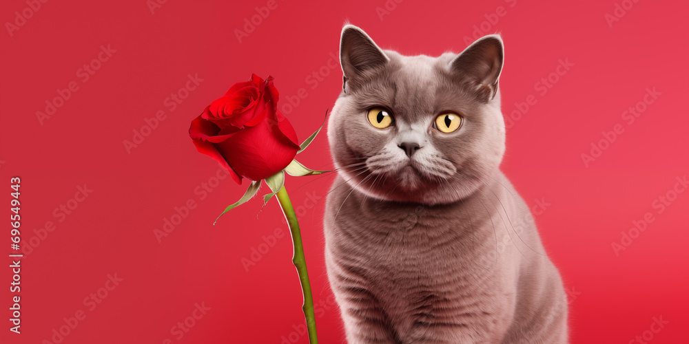 gato russo com uma rosa vermelha isolado no fundo vermelho - Papel de parede com o tema romantico - obrazy, fototapety, plakaty 