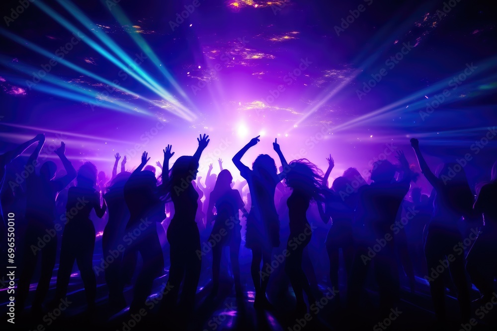 Crowd dancing under bright light beams at a disco.