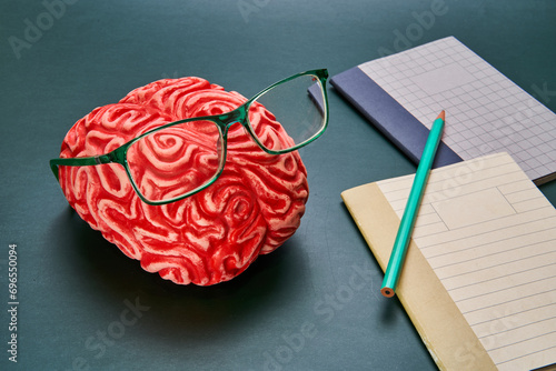 Representation of a brain with glasses and a notebook and pencil on a dark-colored table.