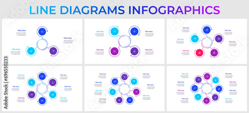 Set of linear infographic elements of cycle diagram template with 3, 4, 5, 6, 7 and 8 circles and icons