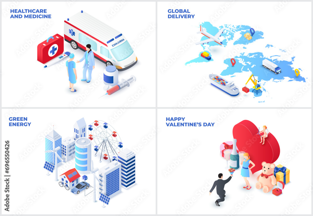Isometric set with medical, delivery, green energy and valentine's day