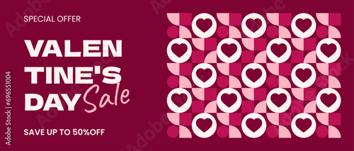 Valentine's Day banner sale up to 50% off. Flyer, social media banner with geometric pattern in bauhaus style, hearts and large typography	
