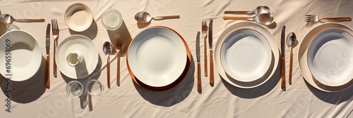 Top view of a set table with empty plates and glasses, table setting, banner