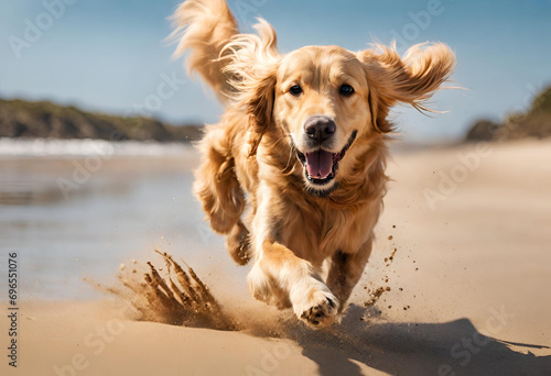 An enchanting 4K wallpaper featuring photograph of a playful Golden Retriever running on a sandy beach, with its ears flapping in the wind and a big smile on its face © Mohsin