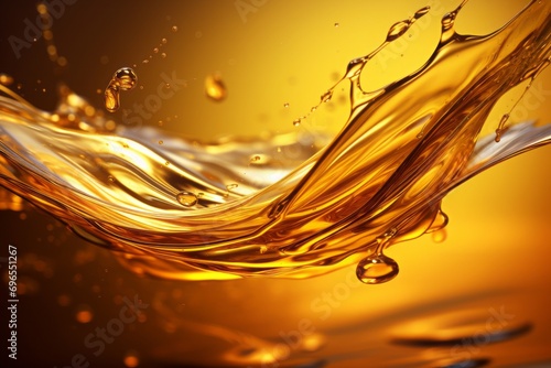 Splash of orange liquid oil on dark background, cosmetics or products concept