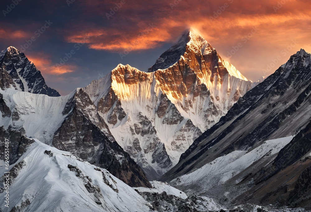 Sunset view of the Himalayas - Beautiful and dramatic sky with the peaks of the mountain rage rising above the rolling