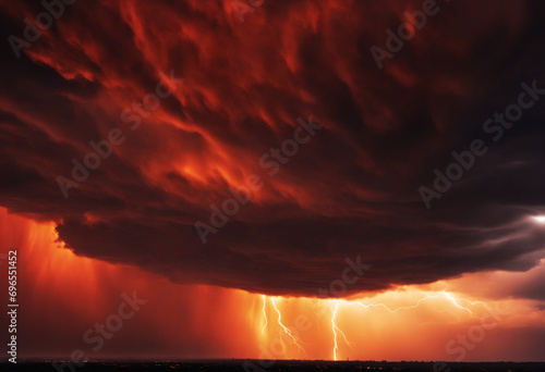 Dark red yellow orange sky with clouds. Gloomy dramatic skies. Background with space for design. Storm. Lightning fire.  Bright flash. Explosion in the sky. Horror, scary, creepy concept.