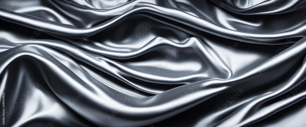 Obraz premium Elegant Black Silk Satin Texture. Smooth, Glossy Fabric Folds. Luxurious Background, Space for Text. Wide Banner View.