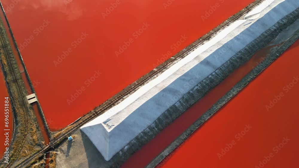 Aerial panoramic drone view of Burgas salt pans townscape at sunse.Saltworks industry.
Aerial panoramic drone view of Burgas salt pans townscape at sunse.Saltworks industry.