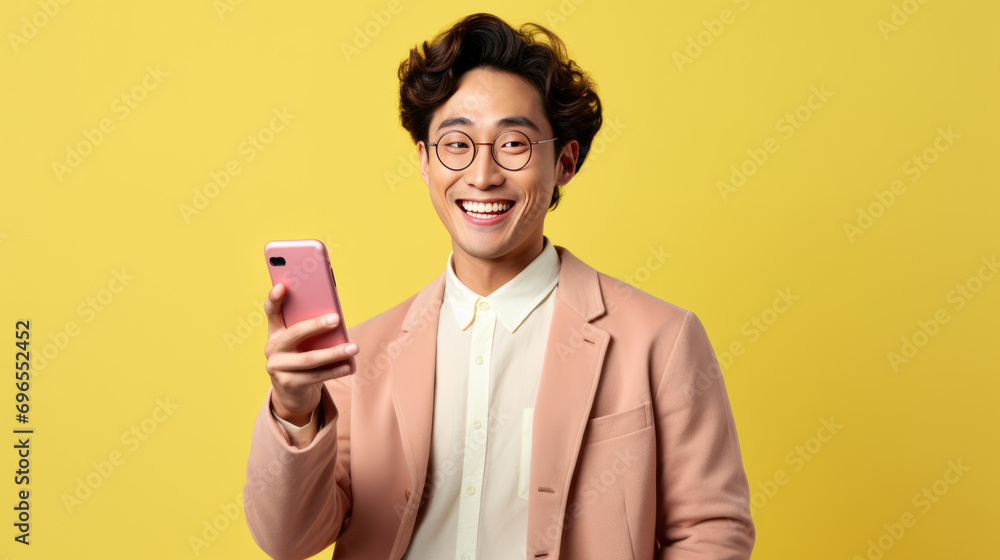 Young man smiling and holding his smartphone on a colored background Young man smiling and holding his smartphone on a colored background