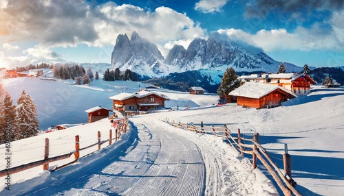 panoramic winter view of alpe di siusi village bright winter landscape of dolomite alps with country road snowy outdoor scene of ski resort ityaly europe vacation concept background