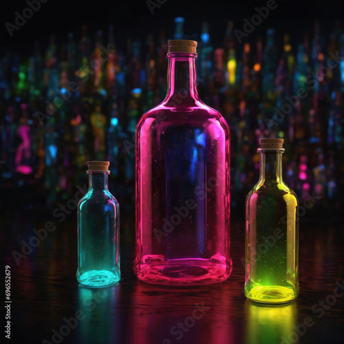 Three magic colorful glowing bottles at night.