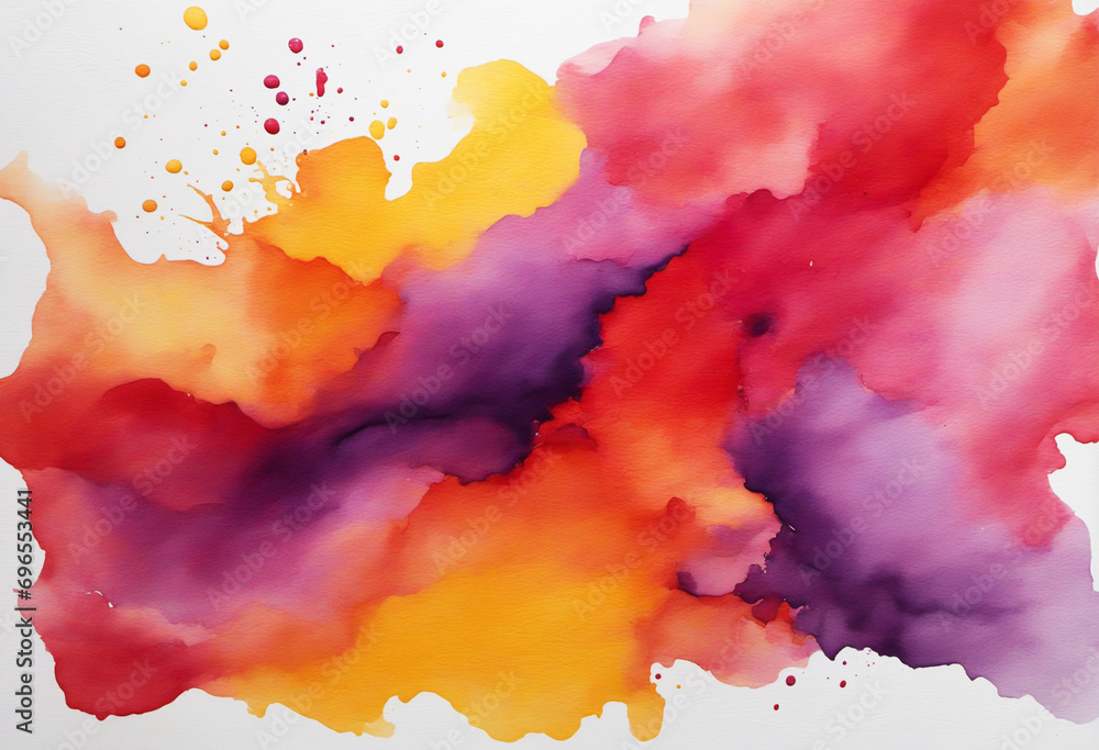 Abstract Multicolored Watercolor Splash. Yellow, Orange, Red, Purple Stain. Colorful Artistic Background with Space for Text. Hand Painted.