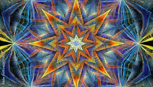 blue star orange star a digital fractal image with an optically challenging pointed geometric star design in blue orange yellow red and violet photo