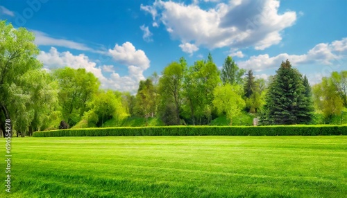 beautiful blurred background image of spring nature with a neatly trimmed lawn surrounded by trees against a blue sky with clouds on a bright sunny day