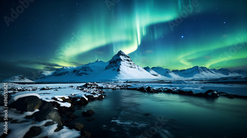 the nothern lights, green, blue, mountains