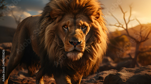close up shot of a lion at sunset