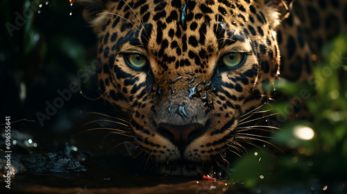 portrait of a jaguar withy water on its face photo