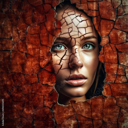 A beautiful young woman against the cracked glass photo