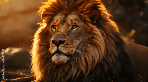 close up portrait of a lion at sunrise 