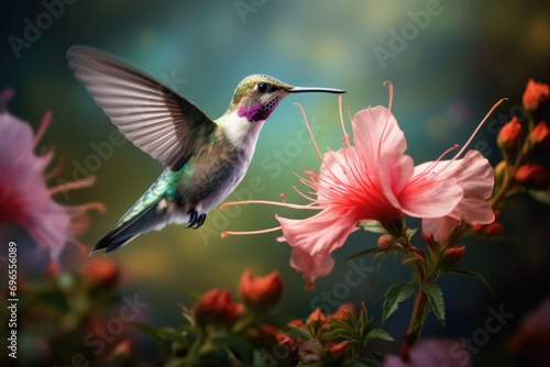 Colorful beautiful hummingbird bird fluttering over a flower, tropical birds and plants, bird flight #696556089