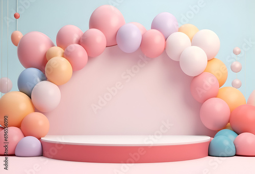 Wallpaper Mural Minimal product podium stage with multicolor pastel color balloons in geometric shape for presentation background. Abstract background and decoration scene template.generative ai. Torontodigital.ca