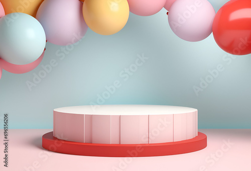 Wallpaper Mural Minimal product podium stage with multicolor pastel color balloons in geometric shape for presentation background. Abstract background and decoration scene template.generative ai. Torontodigital.ca
