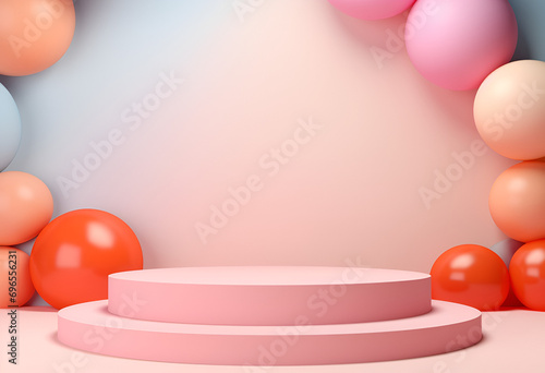 Wallpaper Mural Minimal product podium stage with multicolor pastel color balloons in geometric shape for presentation background. Abstract background and decoration scene template.generative ai. Torontodigital.ca