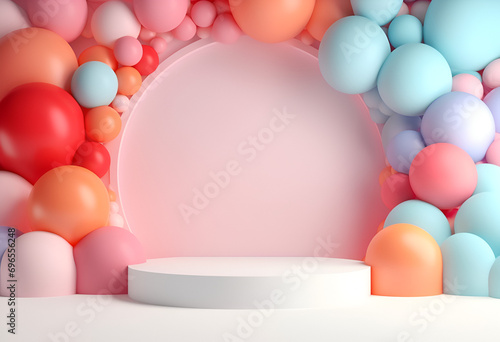 Wallpaper Mural Minimal product podium stage with multicolor pastel color balloons in geometric shape for presentation background. Abstract background and decoration scene template.generative ai. Torontodigital.ca