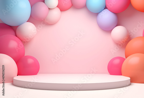 Wallpaper Mural Minimal product podium stage with multicolor pastel color balloons in geometric shape for presentation background. Abstract background and decoration scene template.generative ai. Torontodigital.ca